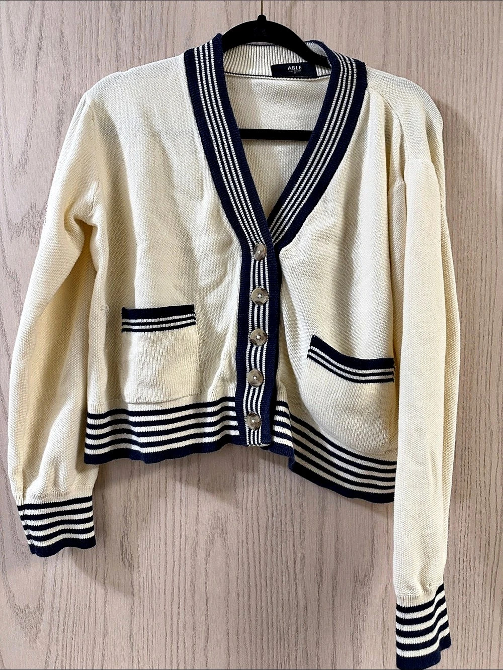 ABLE Striped Cardigan in Cream & Blue Size Medium Like New